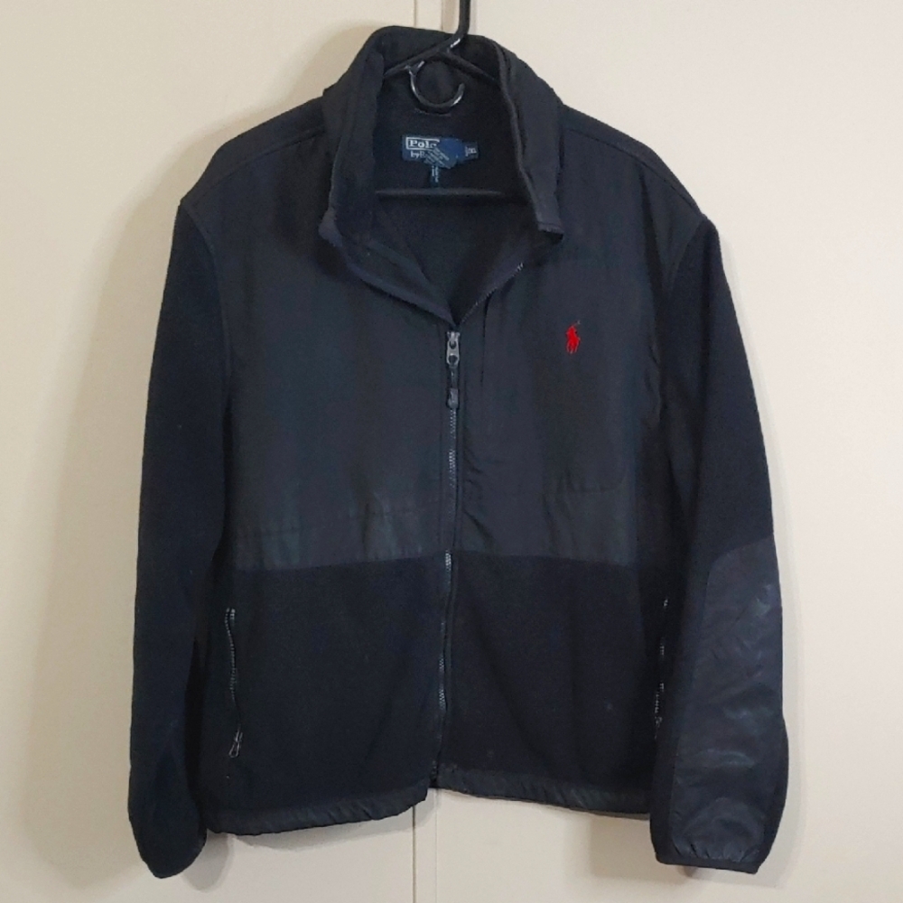 VTG Polo Ralph Lauren Polartec Mens Black Fleece Jacket With Hidden Hood Size XL